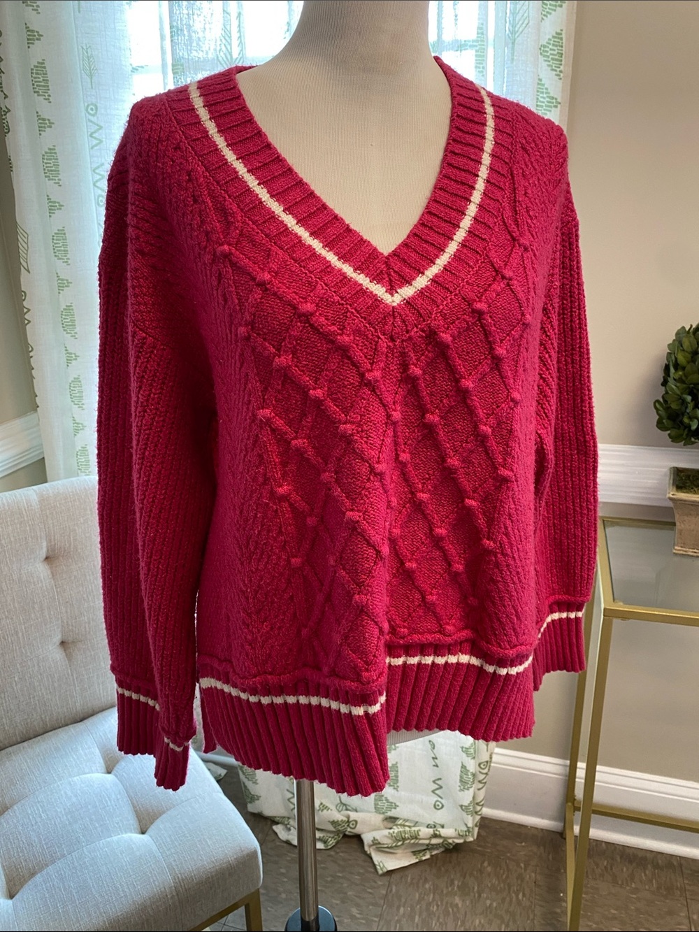 Anthropologie Fuchsia Cable-Knit V-Neck Sweater with Cream Stripes